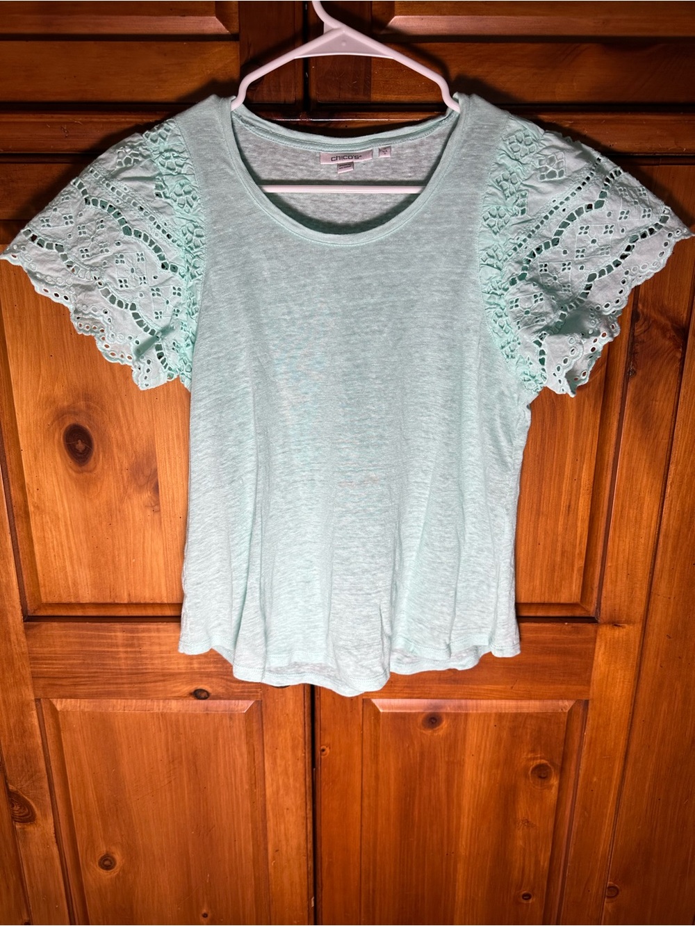 Chico’s Women’s Mint Lace Fancy Short Sleeve Tee Shirt
